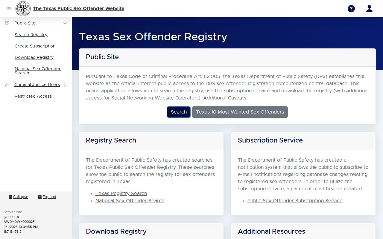 Lake Jackson resident lookup on the Texas offender-registry search page