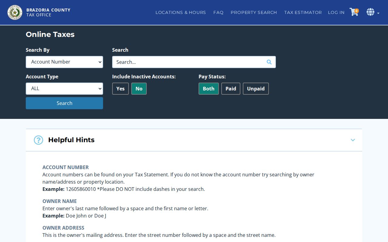 Lake Jackson street directory County Tax Search screen